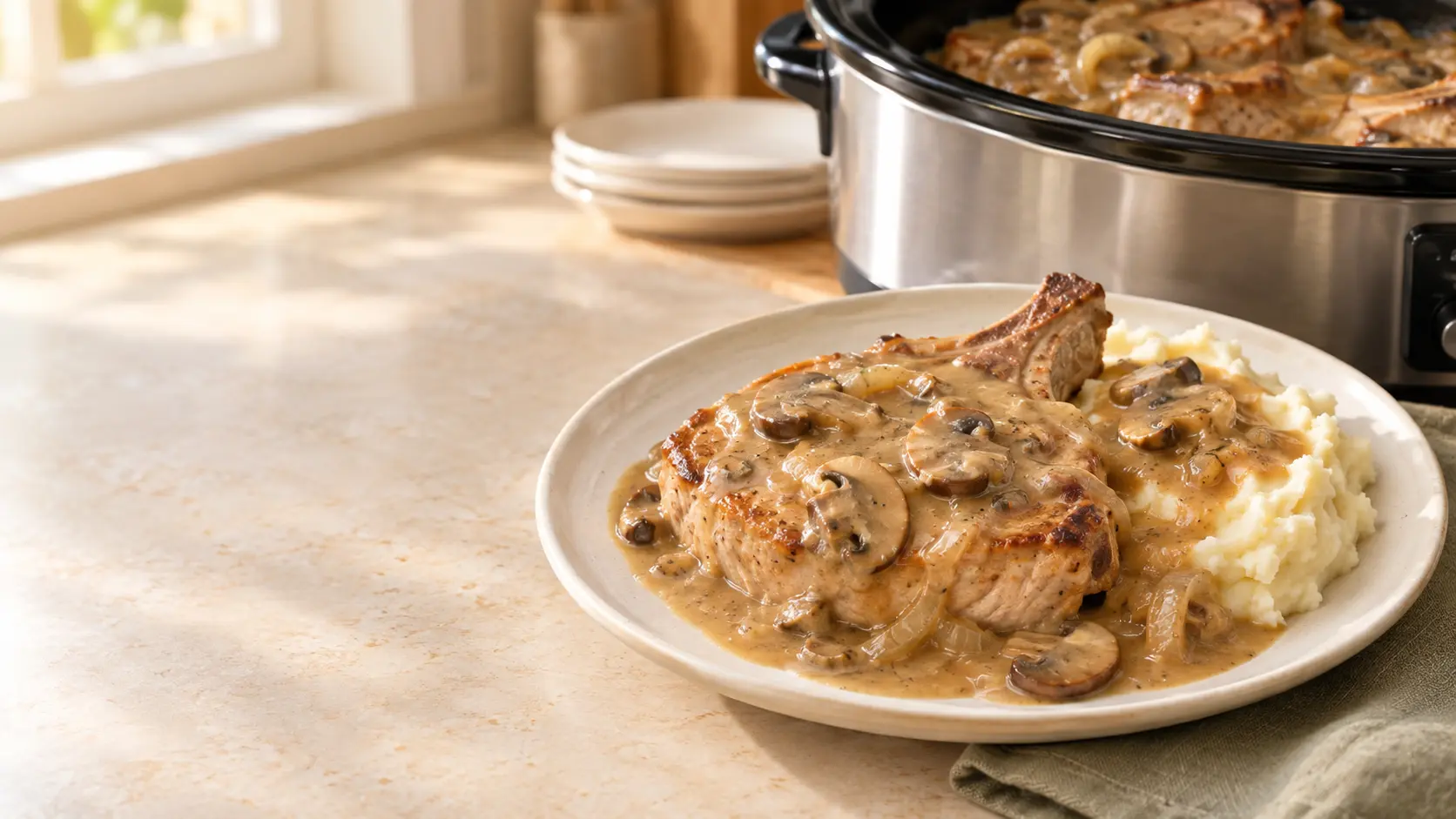 Tender slow cooker pork chops covered with creamy mushroom and onion gravy and served with mashed potatoes.