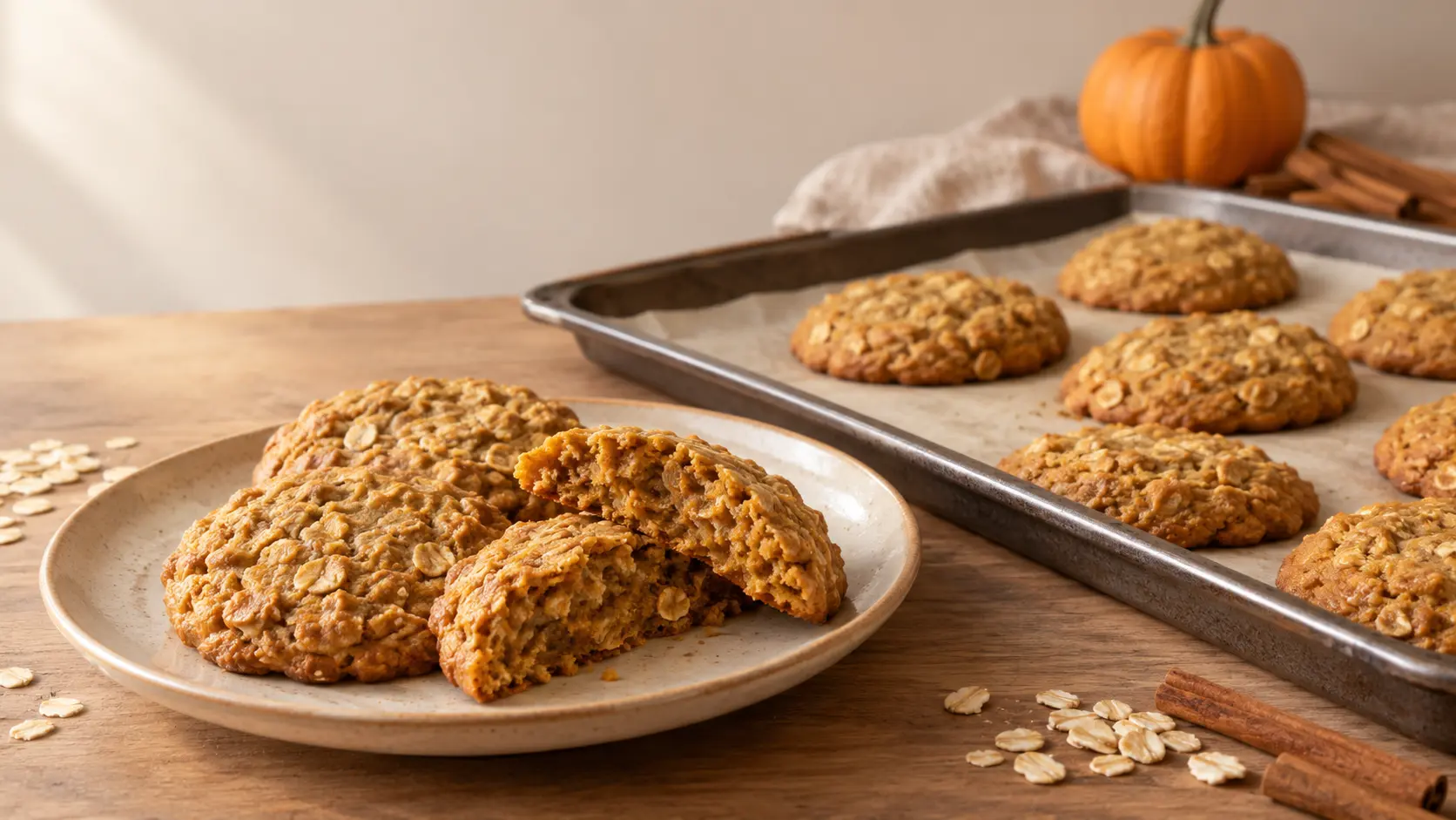 Soft and chewy pumpkin oatmeal cookies with lightly browned edges and visible rolled oats arranged on a baking sheet and ceramic plate.