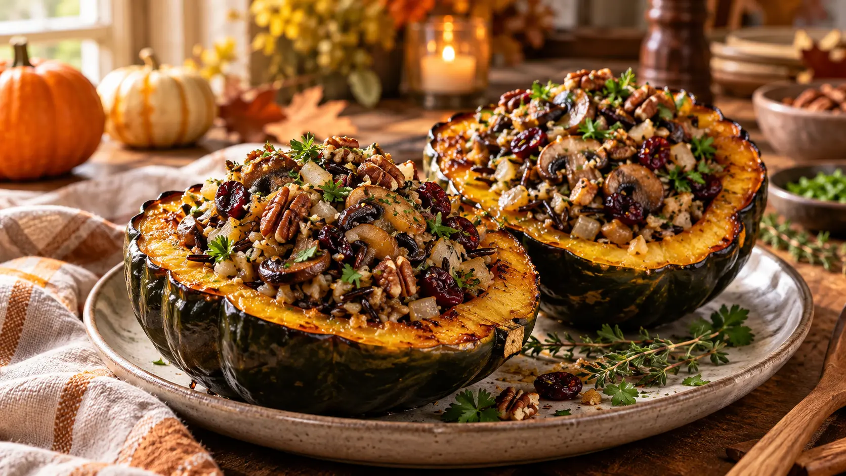 Baked stuffed acorn squash halves filled with wild rice stuffing, mushrooms, cranberries, pecans, and fresh herbs on a ceramic plate