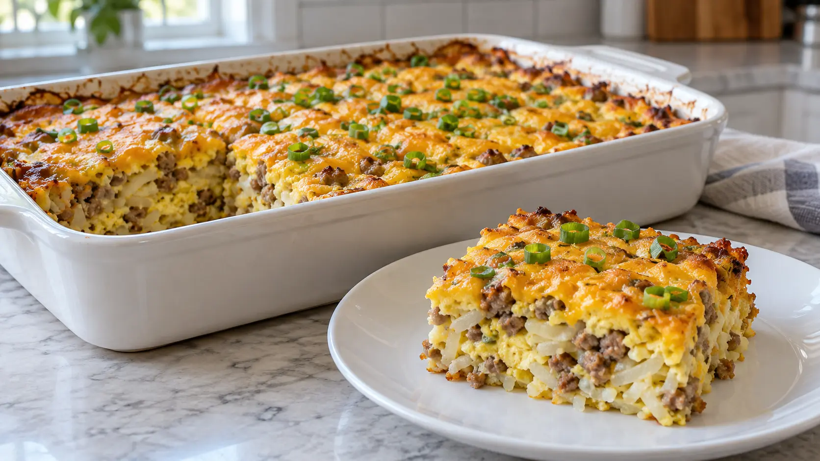 Slice of turkey sausage breakfast casserole with hash browns and melted cheddar on a white plate beside the baking dish.”