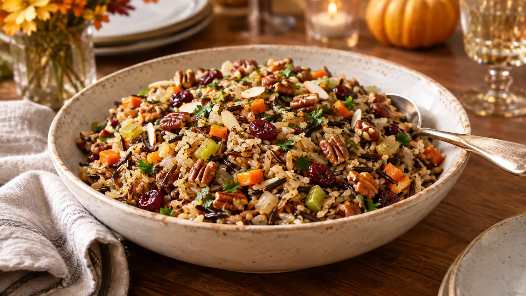 A bowl of cozy fall wild rice pilaf with brown and wild rice blend, carrots, celery, dried cranberries, pecans, almonds, and fresh parsley served on a rustic table