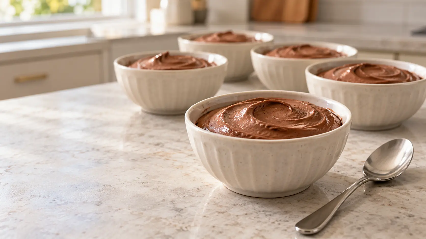 Six ivory bowls of creamy Greek yogurt chocolate mousse with smooth spoon swirls on a light stone kitchen counter.